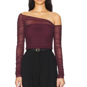 NEW SEROYA Shauna Asymetric Mesh Top Merlot Red Purple Long Sleeve